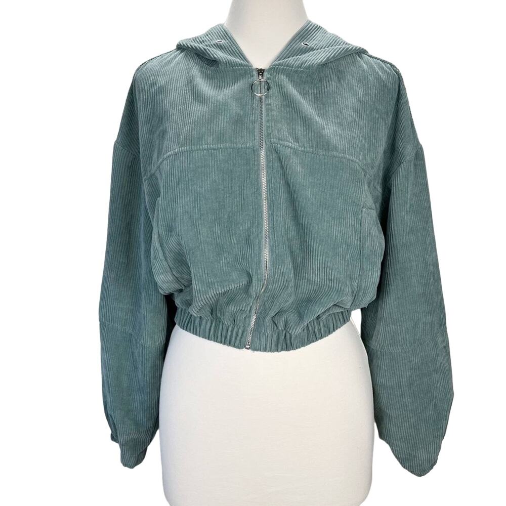 SHEIN | Teal Corduroy Long Bubble Sleeve Oversized Cropped‎ Hooded Zip-Up Jacket